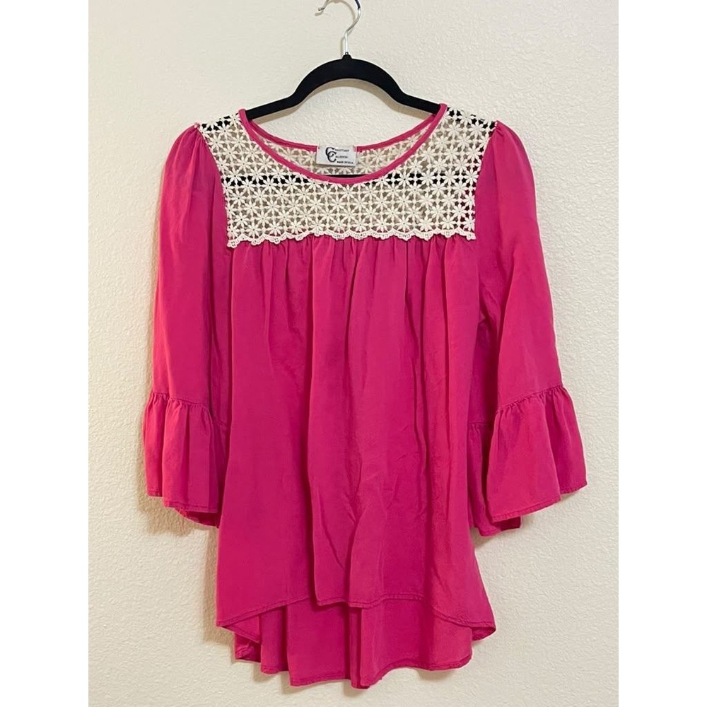 Christian Caliendo Hot Pink Boho Crochet Lace Yoke Bell Sleeve Tunic Top